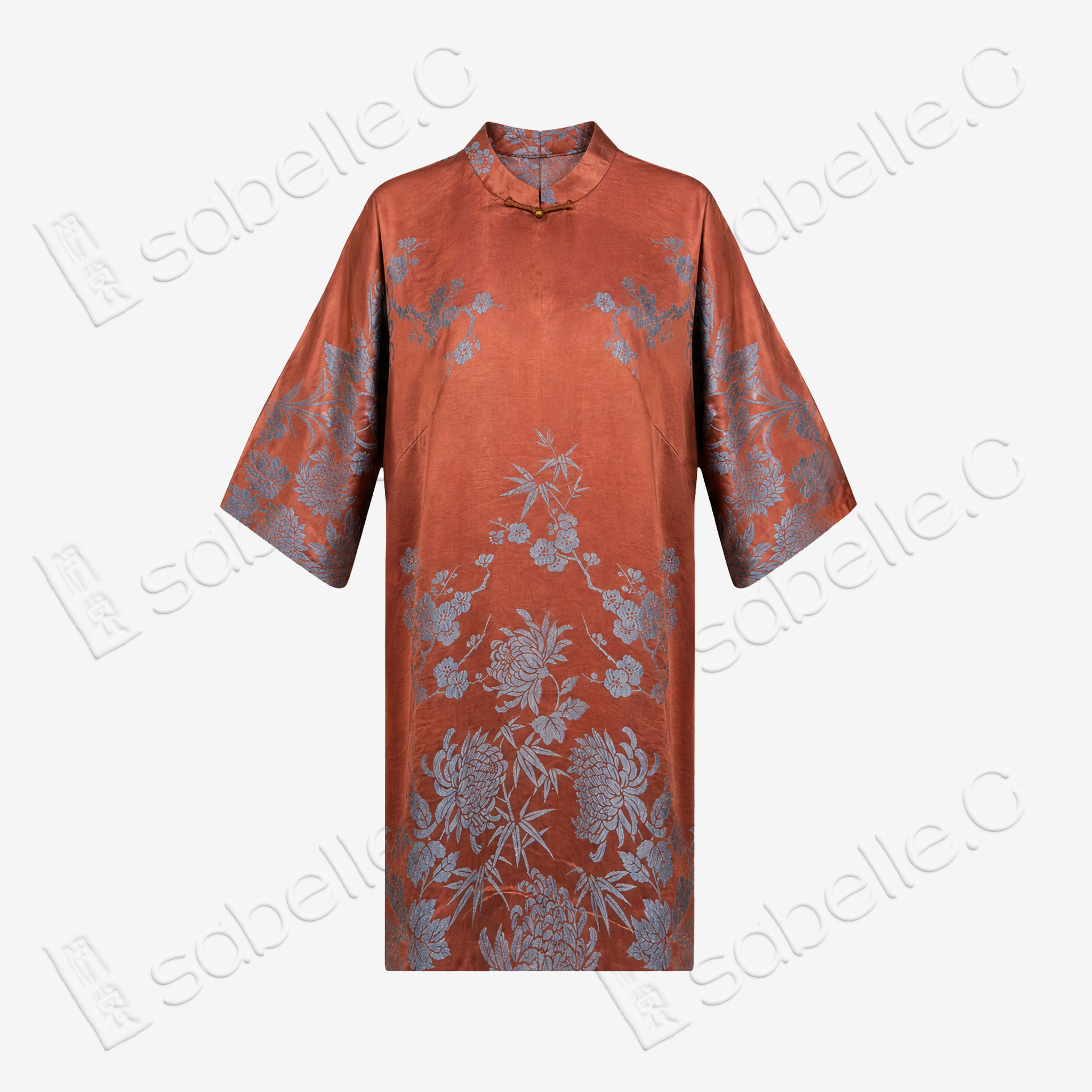 Rust Silk Winter Branches Antique Silk Satin Tunic - 「赭綢寒枝」古董真絲面料長衫