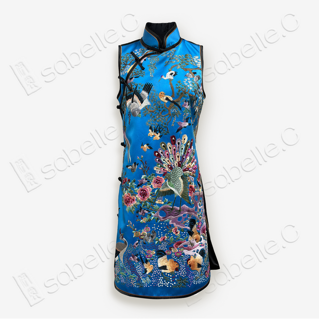 Chinese Suzhou Embroidery Stand-up Collar Qipao with Kesi Craft