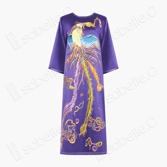 Violet Purple Cloud Phoenix Vintage Embroidered Silk Long Dress - 「絳紫雲鳳」老繡真絲長裙