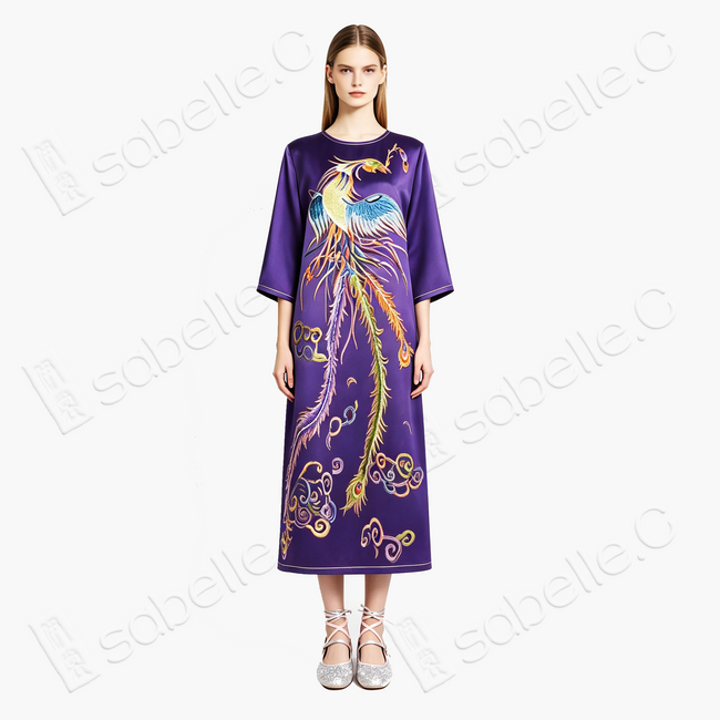Violet Purple Cloud Phoenix Vintage Embroidered Silk Long Dress - 「絳紫雲鳳」老繡真絲長裙