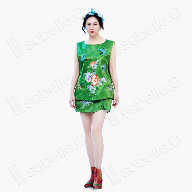 Teal Butterfly Floral Vintage Embroidered Skirt Set - 「青碧蝶花」老綉套裙