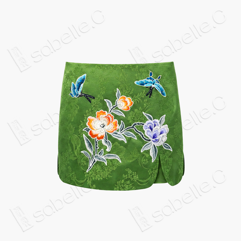 Teal Butterfly Floral Vintage Embroidered Skirt Set - 「青碧蝶花」老綉套裙