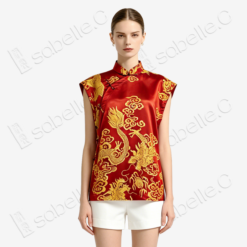 Crimson Dragon Phoenix Vintage Silk Top - 龍鳳呈祥古董真絲老緞上衣