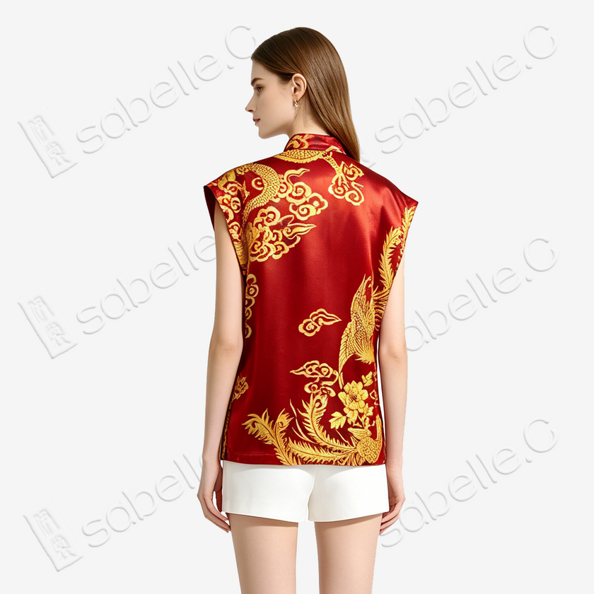 Crimson Dragon Phoenix Vintage Silk Top - 龍鳳呈祥古董真絲老緞上衣