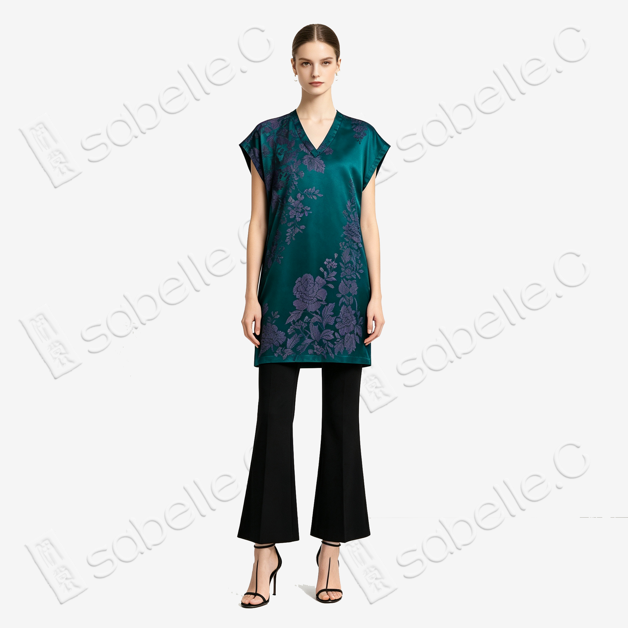 Emerald Green Purple Peony Antique Silk Tunic - 「翠影紫芍」古董真絲上衣