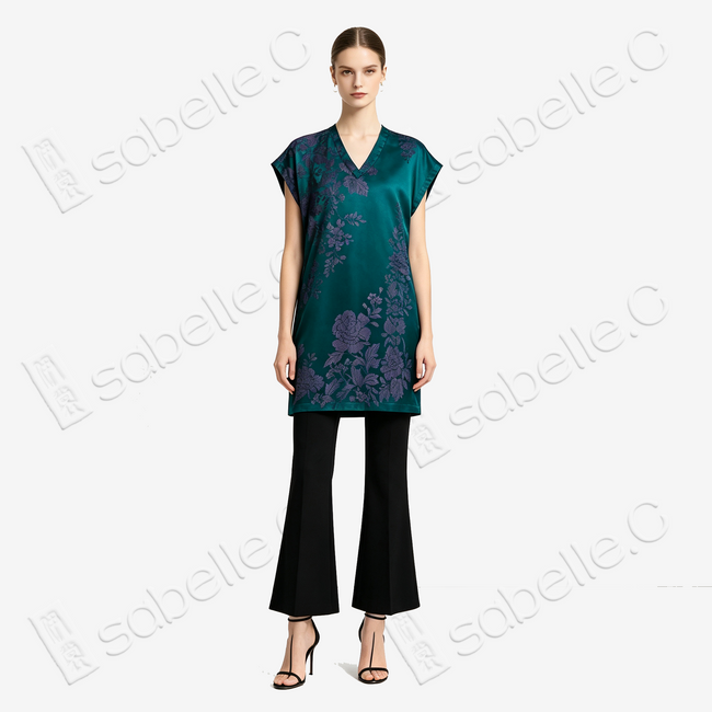 Emerald Green Purple Peony Antique Silk Tunic - 「翠影紫芍」古董真絲上衣