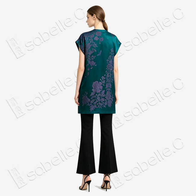 Emerald Green Purple Peony Antique Silk Tunic - 「翠影紫芍」古董真絲上衣