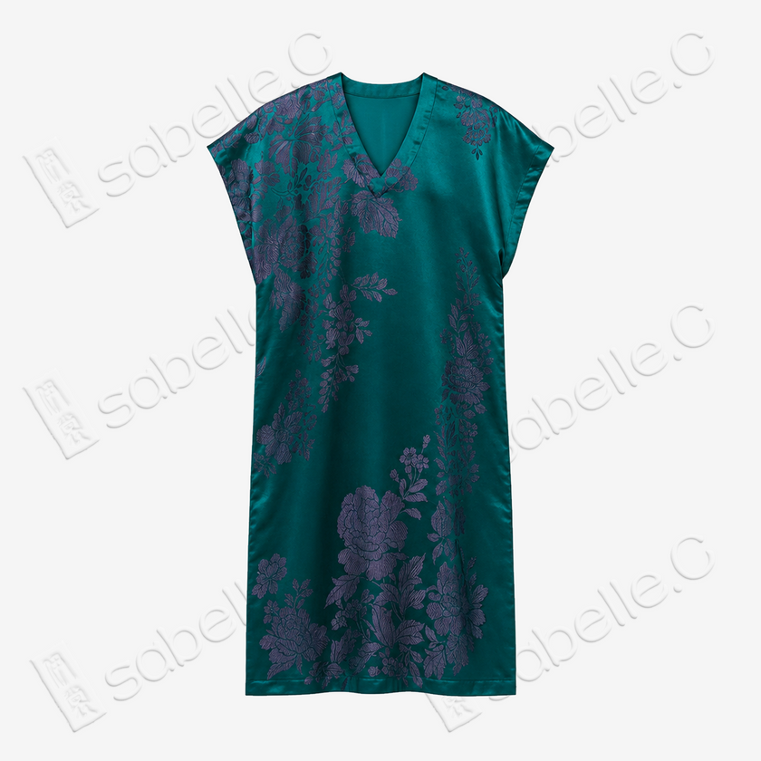 Emerald Green Purple Peony Antique Silk Tunic - 「翠影紫芍」古董真絲上衣