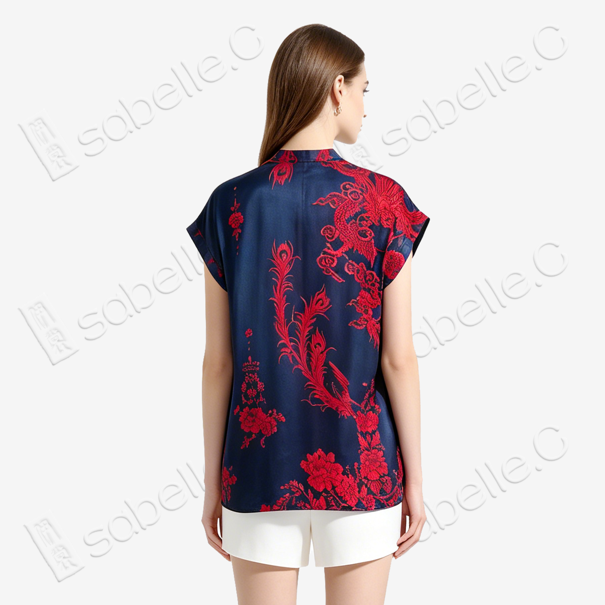 Navy Red Dragon Vintage Silk V-neck Tunic - 「墨藏丹翎」古董真絲中長款上衣