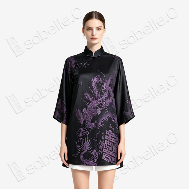 Black Iridescent Purple Vintage Silk V-neck Tunic - 「彩紫龍鳳」古董真絲中長款上衣