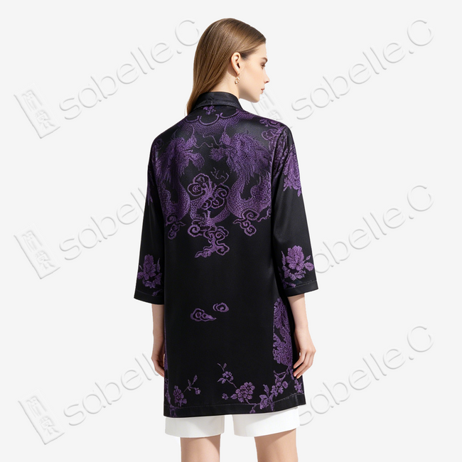 Black Iridescent Purple Vintage Silk V-neck Tunic - 「彩紫龍鳳」古董真絲中長款上衣