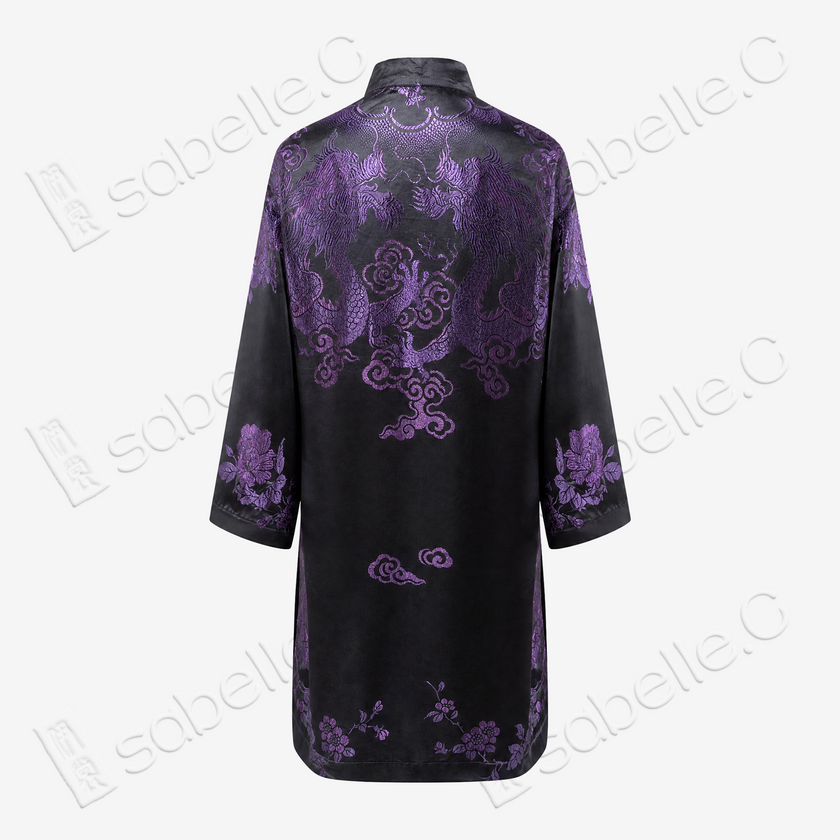 Black Iridescent Purple Vintage Silk V-neck Tunic - 「彩紫龍鳳」古董真絲中長款上衣