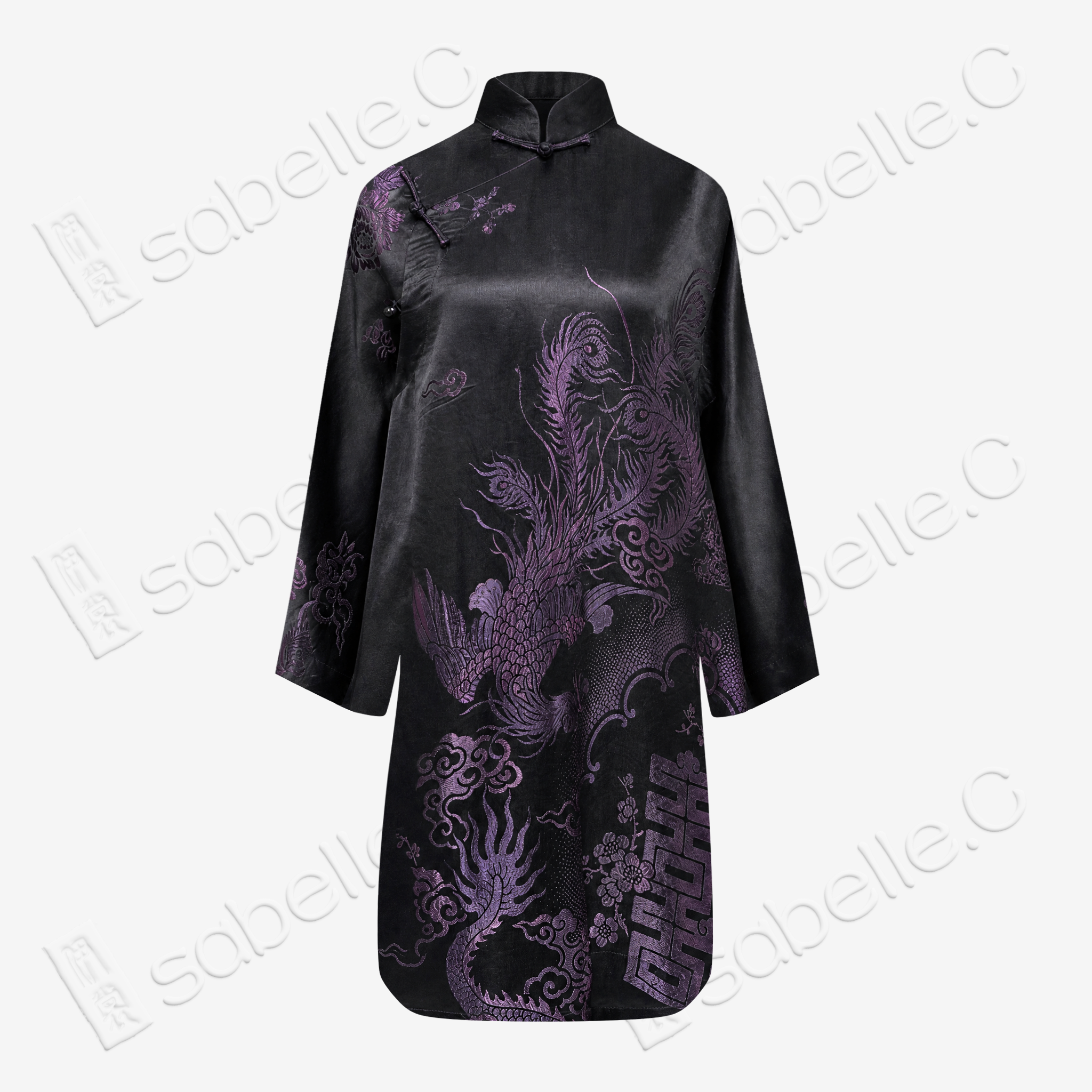 Black Iridescent Purple Vintage Silk V-neck Tunic - 「彩紫龍鳳」古董真絲中長款上衣