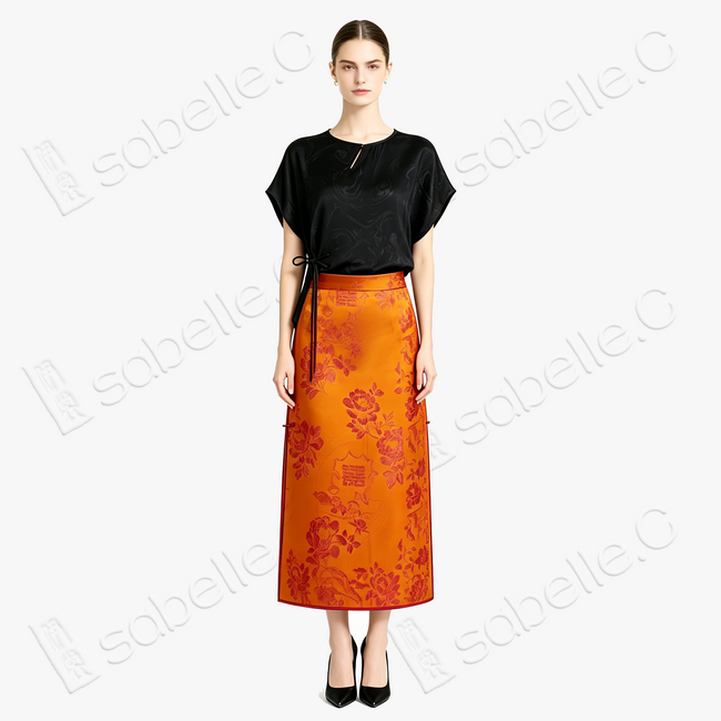 Crimson Glow Double Happiness Silk Maxi Skirt - 「丹霞雙喜」真絲面料長裙