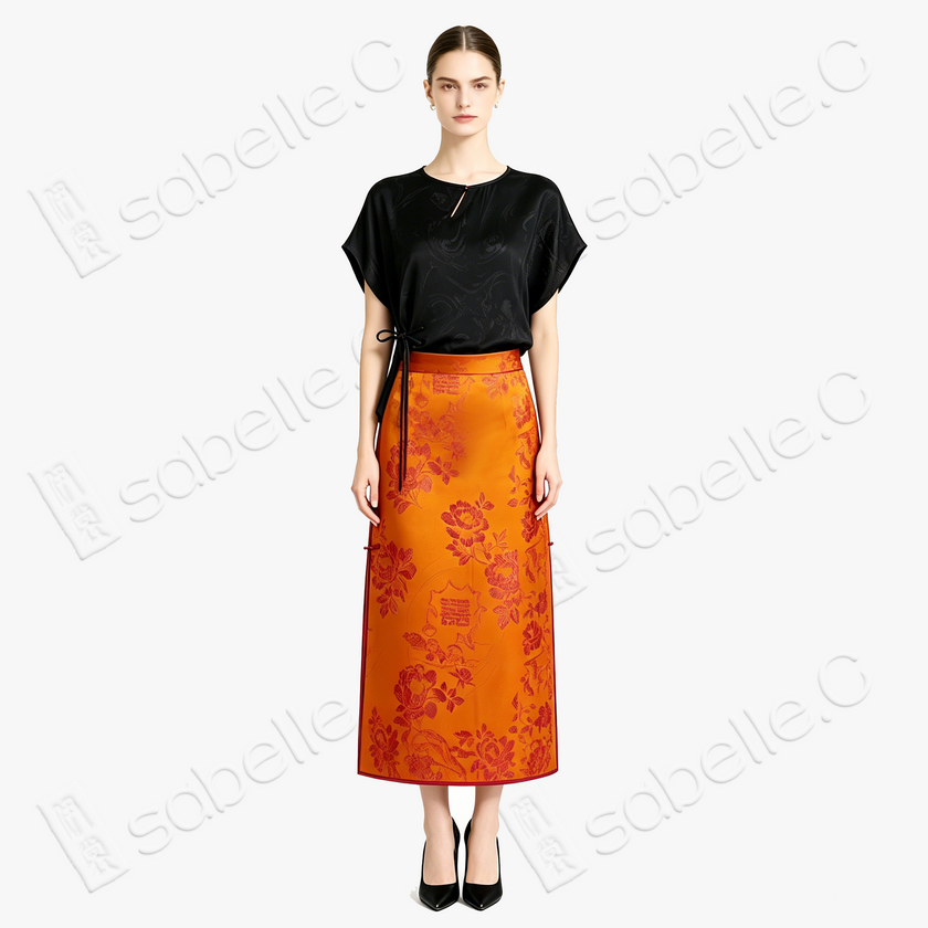 Crimson Glow Double Happiness Silk Maxi Skirt - 「丹霞雙喜」真絲面料長裙