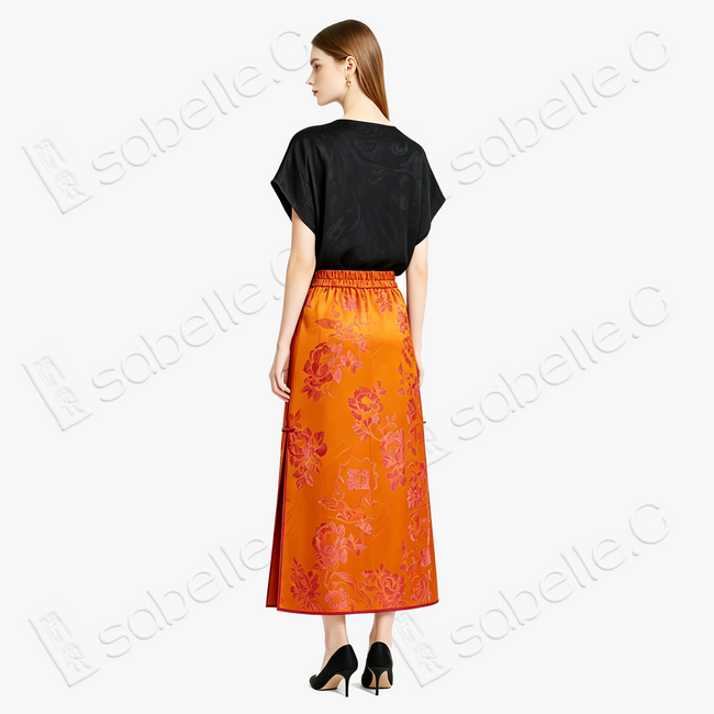 Crimson Glow Double Happiness Silk Maxi Skirt - 「丹霞雙喜」真絲面料長裙