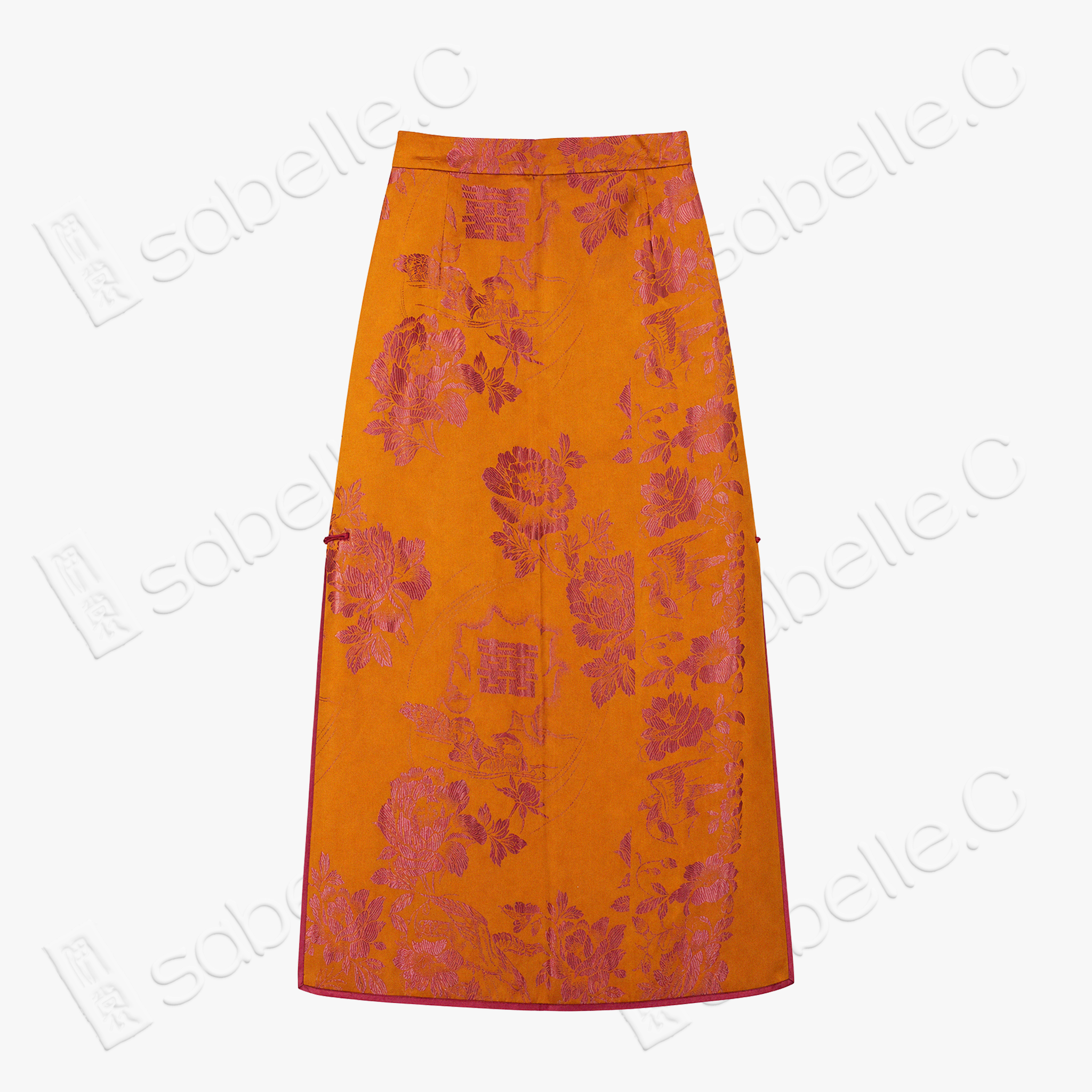Crimson Glow Double Happiness Silk Maxi Skirt - 「丹霞雙喜」真絲面料長裙