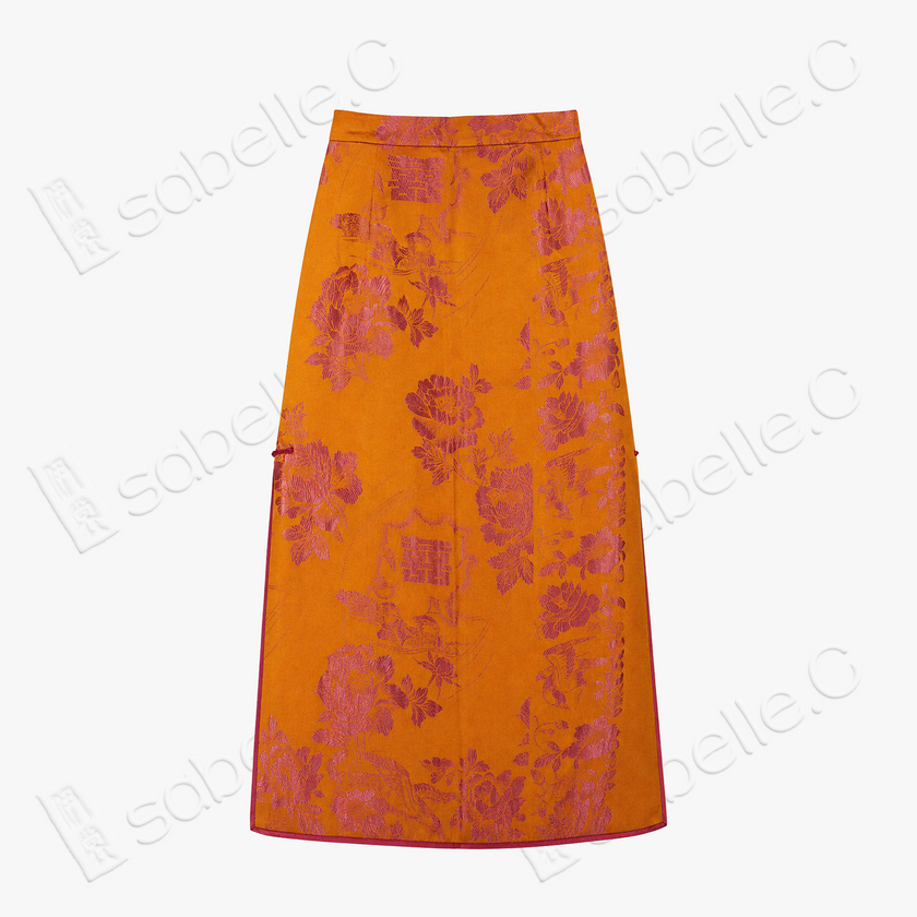 Crimson Glow Double Happiness Silk Maxi Skirt - 「丹霞雙喜」真絲面料長裙