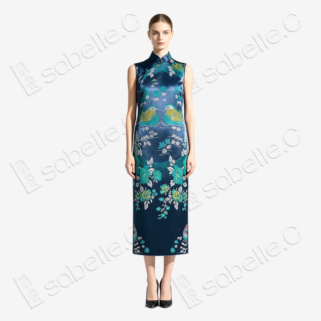 Misty Blue Mandarin Duck Lotus Vintage Silk Qipao - 「霧藍鴛荷」真丝織錦旗袍