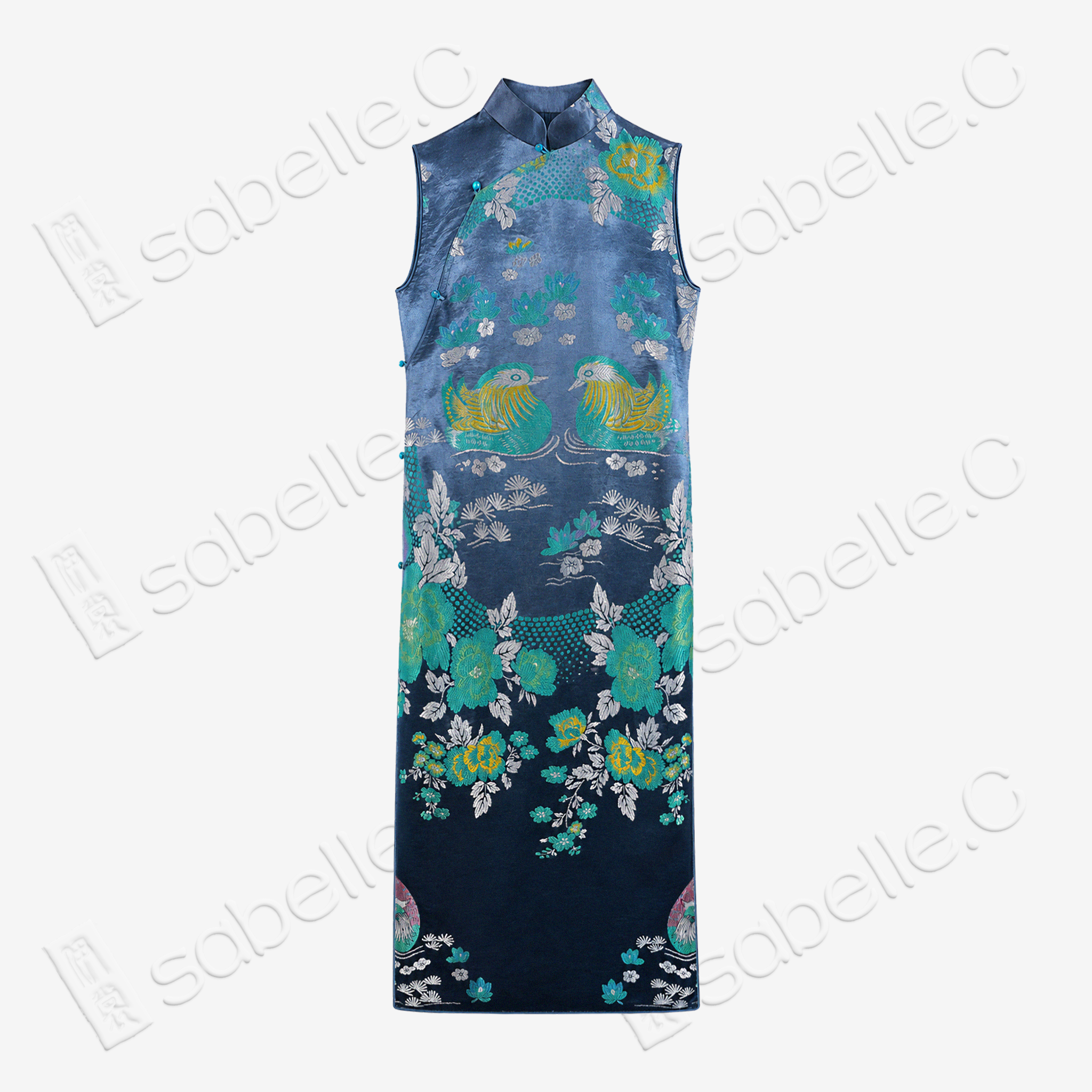 Misty Blue Mandarin Duck Lotus Vintage Silk Qipao - 「霧藍鴛荷」真丝織錦旗袍