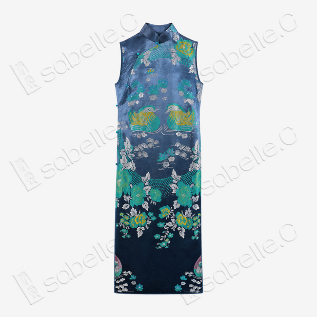 Misty Blue Mandarin Duck Lotus Vintage Silk Qipao - 「霧藍鴛荷」真丝織錦旗袍