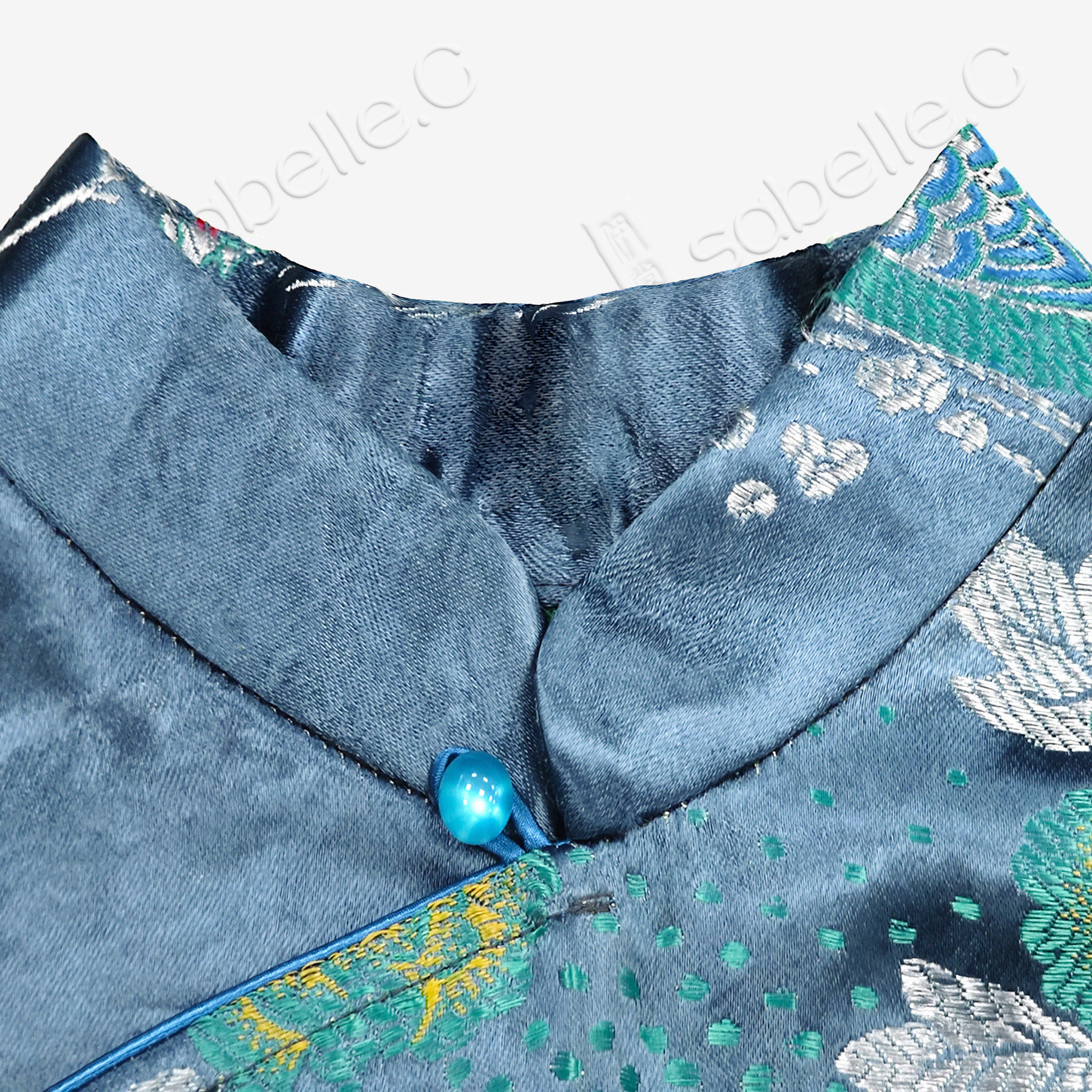 Misty Blue Mandarin Duck Lotus Vintage Silk Qipao - 「霧藍鴛荷」真丝織錦旗袍