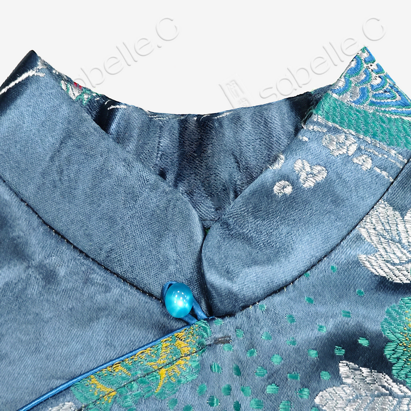 Misty Blue Mandarin Duck Lotus Vintage Silk Qipao - 「霧藍鴛荷」真丝織錦旗袍