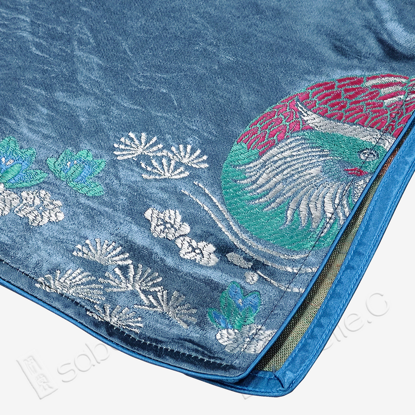 Misty Blue Mandarin Duck Lotus Vintage Silk Qipao - 「霧藍鴛荷」真丝織錦旗袍