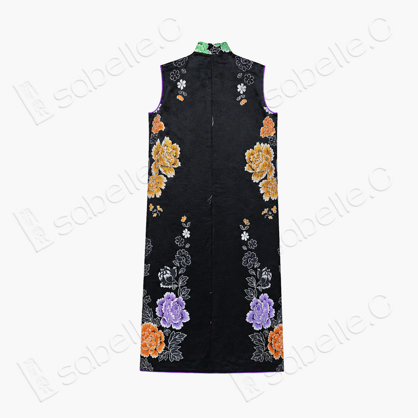Dark Silk Gilded Phoenix Antique Silk Brocade Qipao - 「玄綢金鳳」古董真絲織錦旗袍