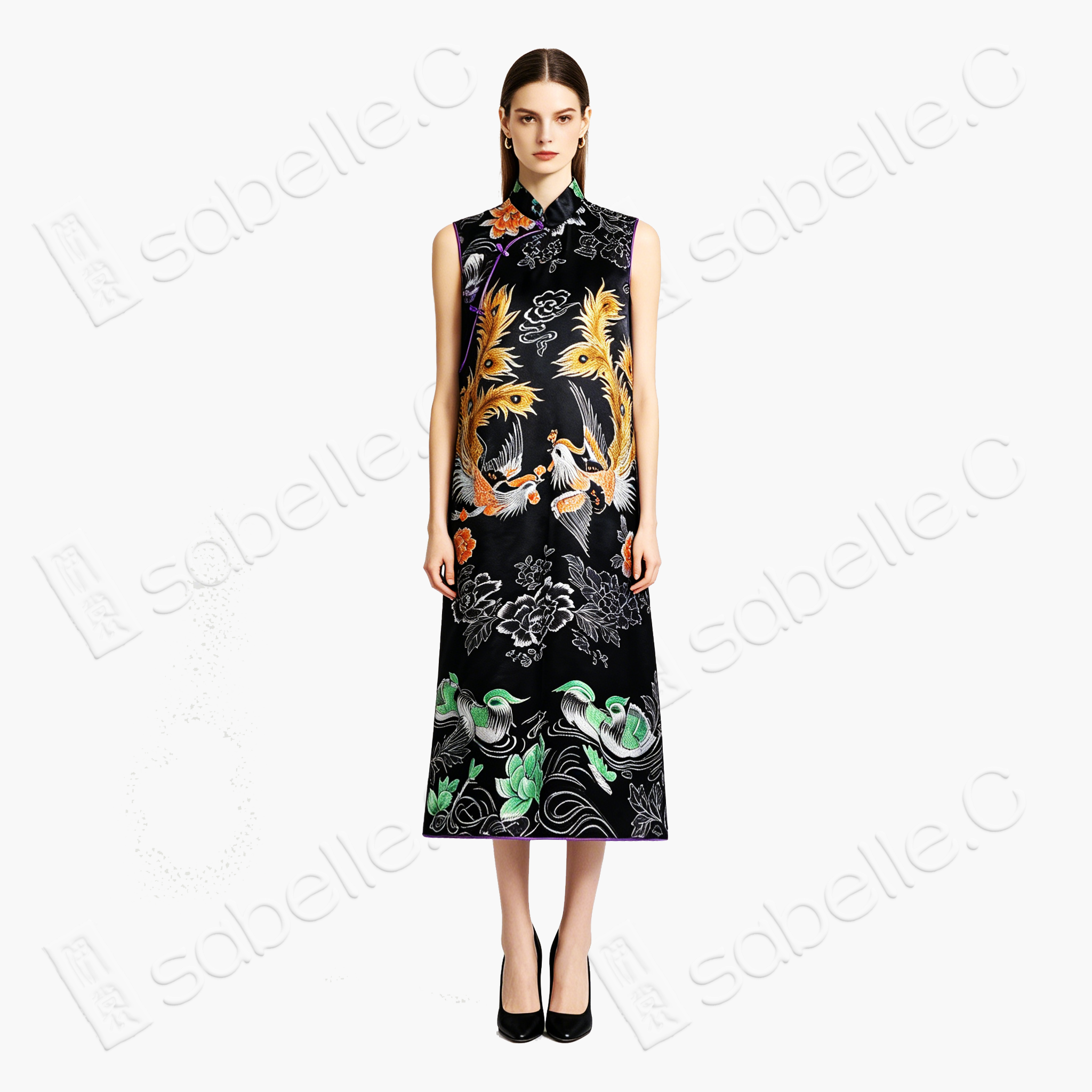 Dark Silk Gilded Phoenix Antique Silk Brocade Qipao - 「玄綢金鳳」古董真絲織錦旗袍