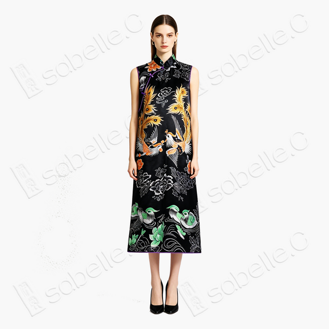 Dark Silk Gilded Phoenix Antique Silk Brocade Qipao - 「玄綢金鳳」古董真絲織錦旗袍
