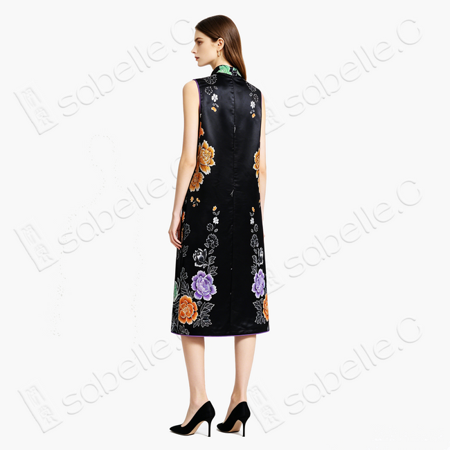 Dark Silk Gilded Phoenix Antique Silk Brocade Qipao - 「玄綢金鳳」古董真絲織錦旗袍