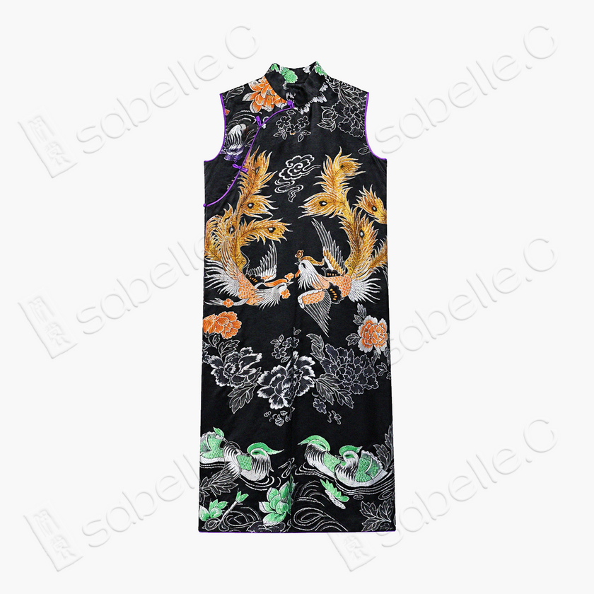Dark Silk Gilded Phoenix Antique Silk Brocade Qipao - 「玄綢金鳳」古董真絲織錦旗袍