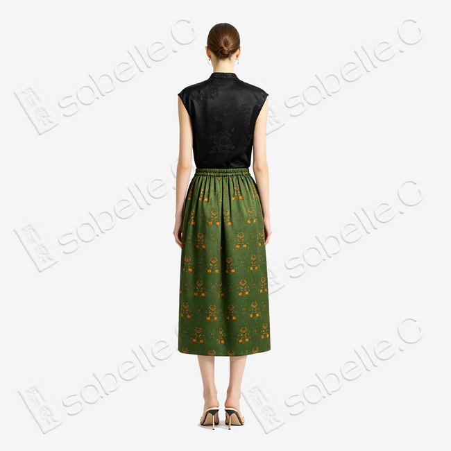 Moss Tone Golden Bloom Gambiered Canton Silk Dress - 「苔蘚金華」香雲紗半身裙