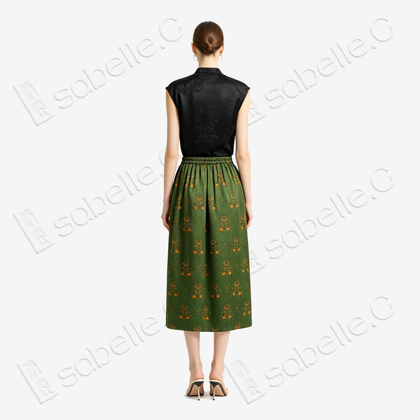 Moss Tone Golden Bloom Gambiered Canton Silk Dress - 「苔蘚金華」香雲紗半身裙
