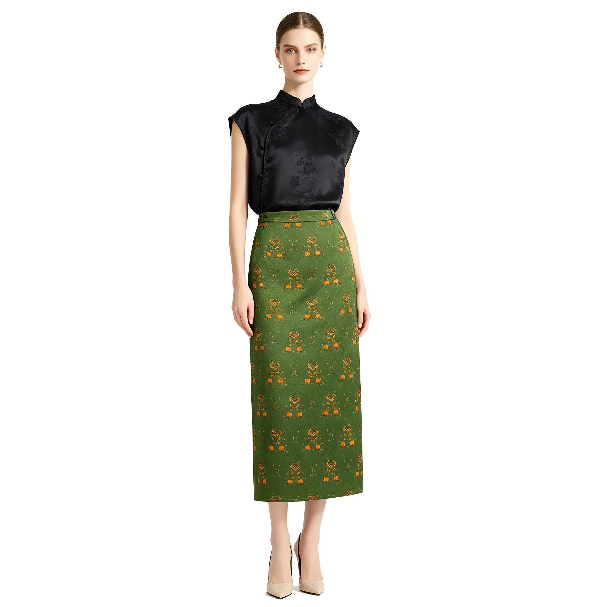 Moss Tone Golden Bloom Gambiered Canton Silk Dress - 「苔蘚金華」香雲紗半身裙