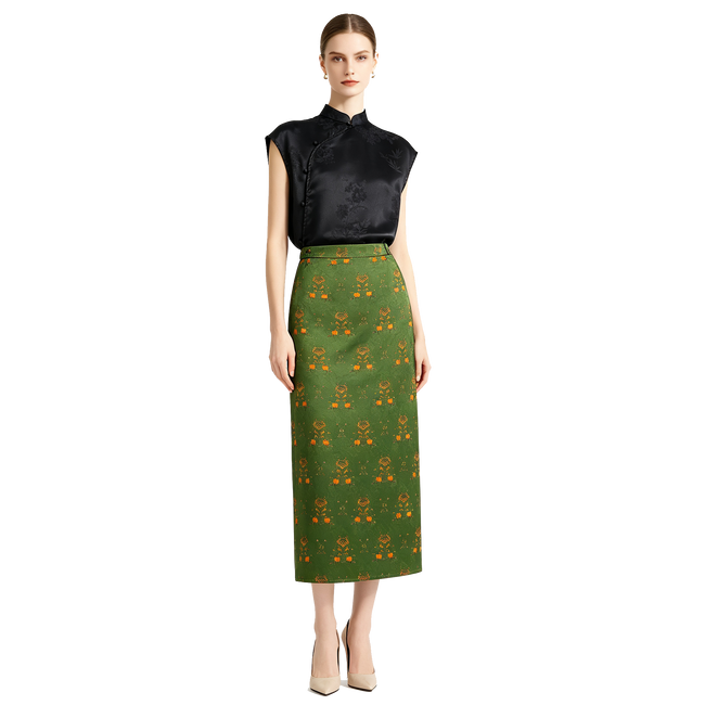 Moss Tone Golden Bloom Gambiered Canton Silk Dress - 「苔蘚金華」香雲紗半身裙