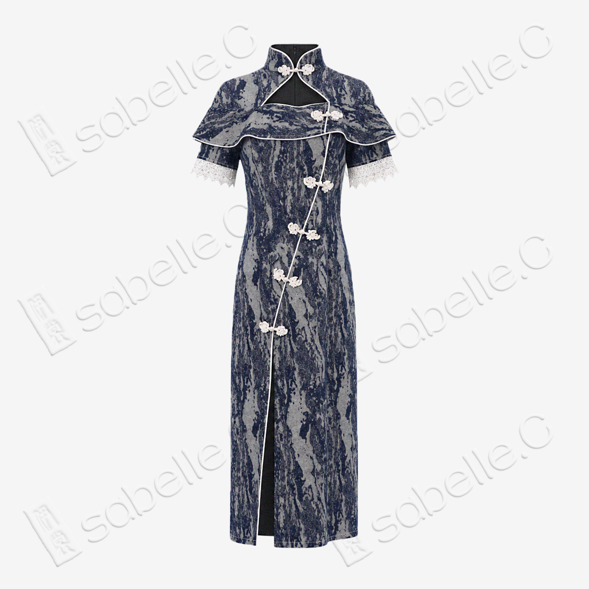Misty Blue Stone Texture Denim Qipao - 「青嵐石紋」牛仔旗袍