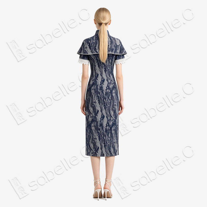 Misty Blue Stone Texture Denim Qipao - 「青嵐石紋」牛仔旗袍