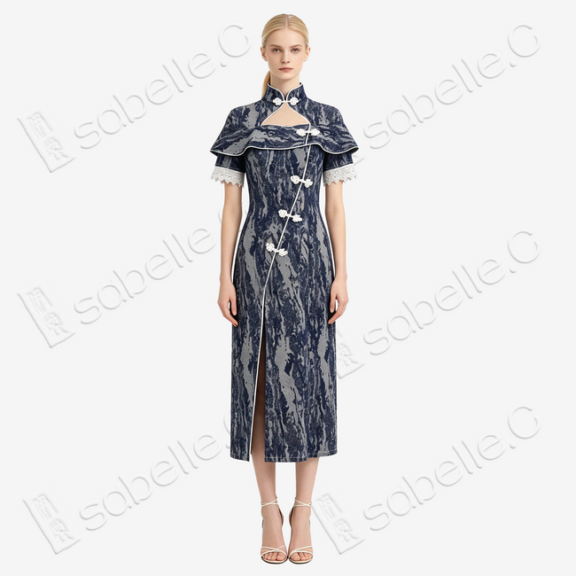 Misty Blue Stone Texture Denim Qipao - 「青嵐石紋」牛仔旗袍