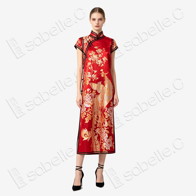 Golden Phoenix Peony Vintage Satin Qipao - 古董真絲老緞旗袍