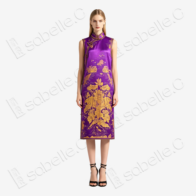 Violet Lotus Vintage Silk Satin Qipao - 金荷鴛鴦古董真絲老緞旗袍