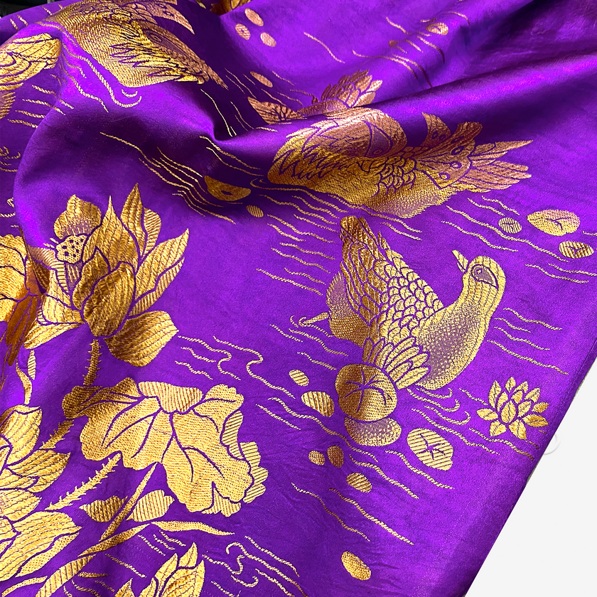 Violet Lotus Vintage Silk Satin Qipao - 金荷鴛鴦古董真絲老緞旗袍