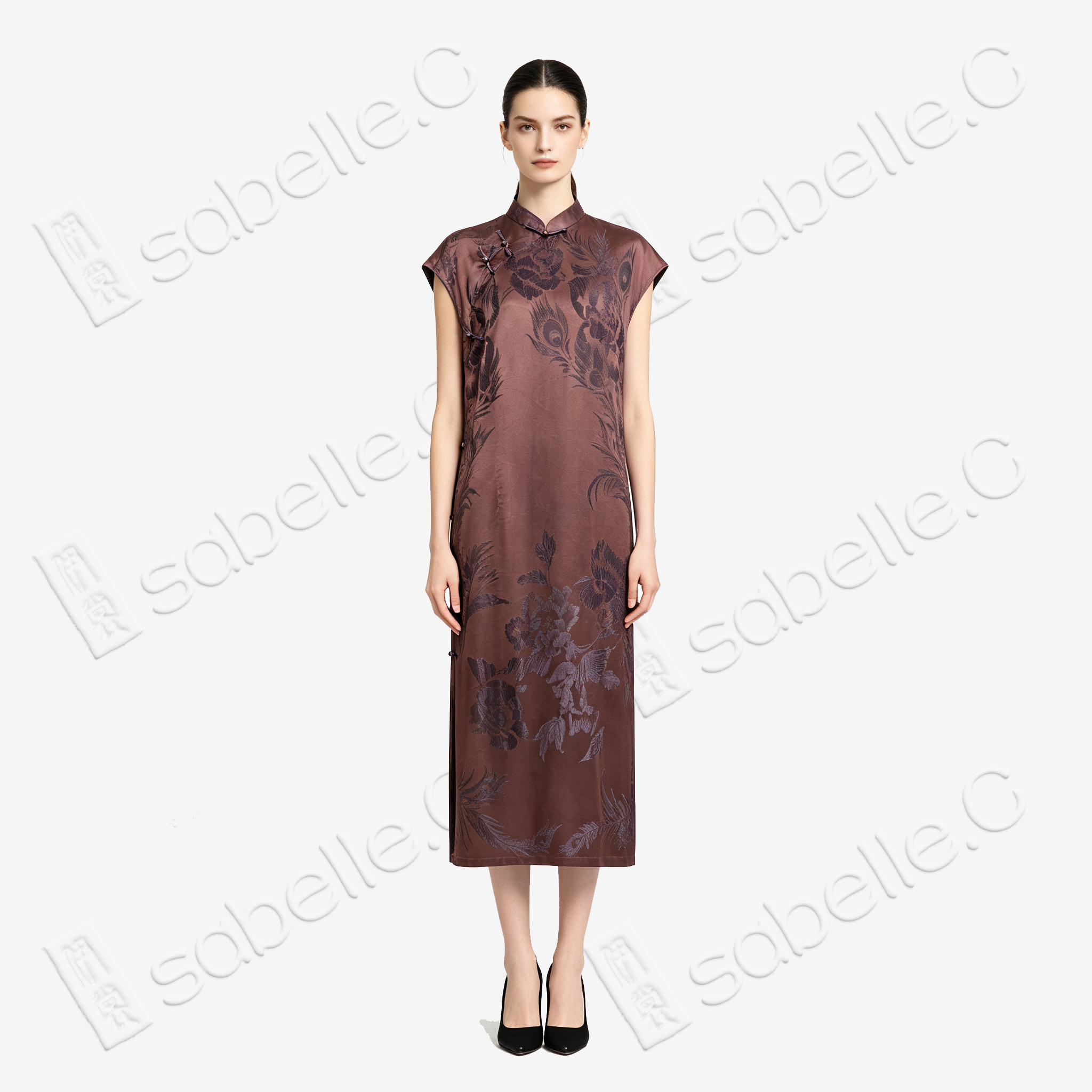 Sandalwood Glow Purple Phoenix Antique Silk Satin Qipao - 「檀霞紫鳳」古董真絲面料旗袍