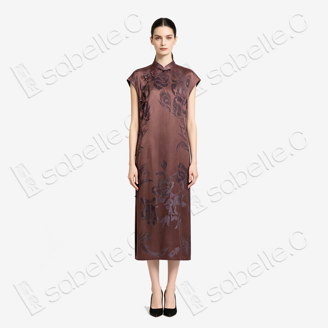 Sandalwood Glow Purple Phoenix Antique Silk Satin Qipao - 「檀霞紫鳳」古董真絲面料旗袍