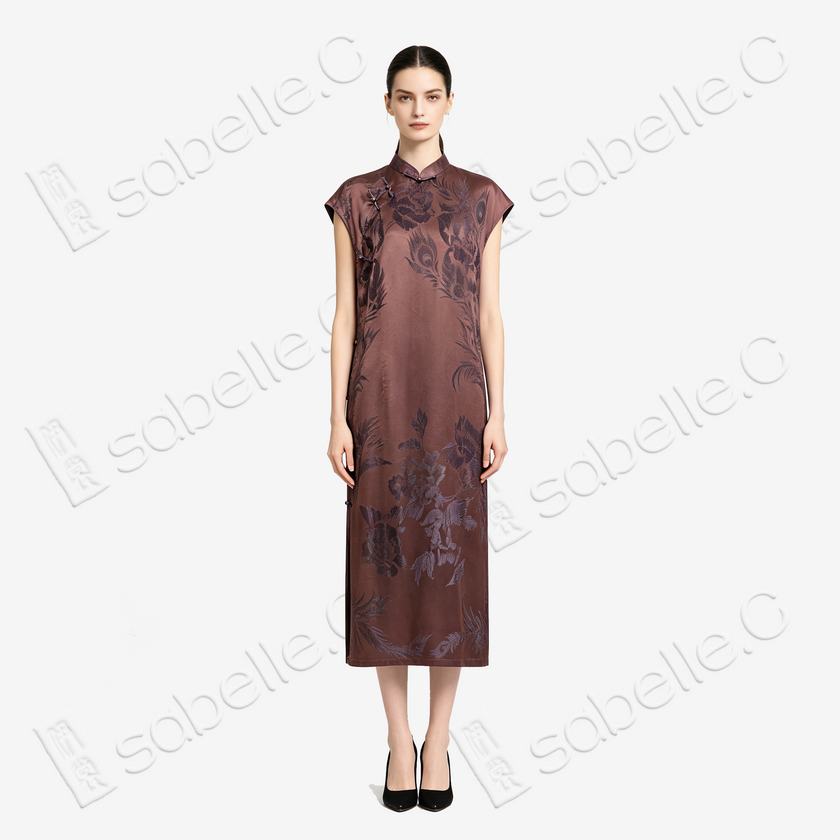 Sandalwood Glow Purple Phoenix Antique Silk Satin Qipao - 「檀霞紫鳳」古董真絲面料旗袍