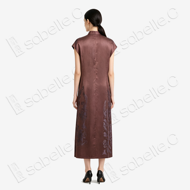 Sandalwood Glow Purple Phoenix Antique Silk Satin Qipao - 「檀霞紫鳳」古董真絲面料旗袍