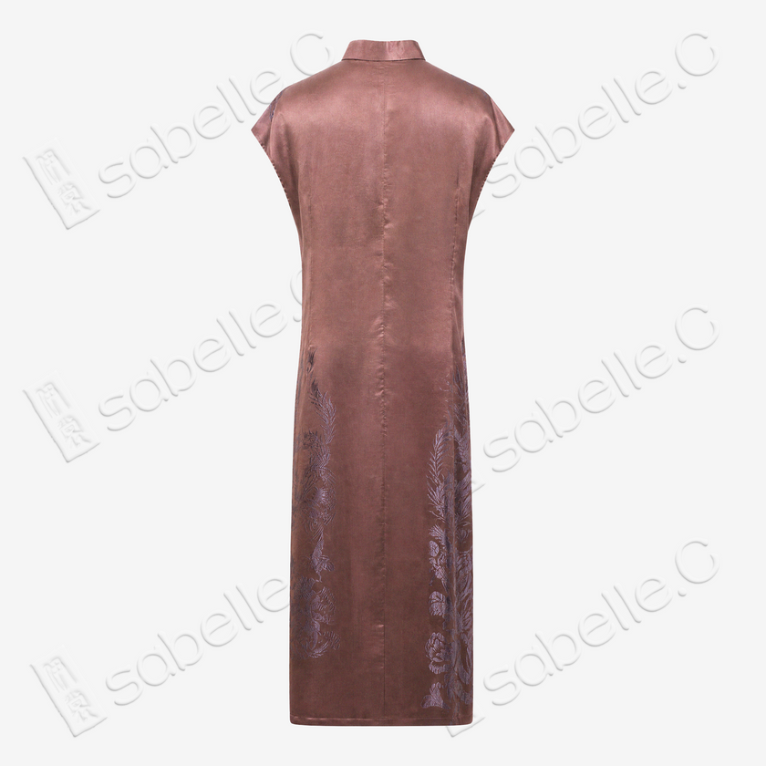 Sandalwood Glow Purple Phoenix Antique Silk Satin Qipao - 「檀霞紫鳳」古董真絲面料旗袍