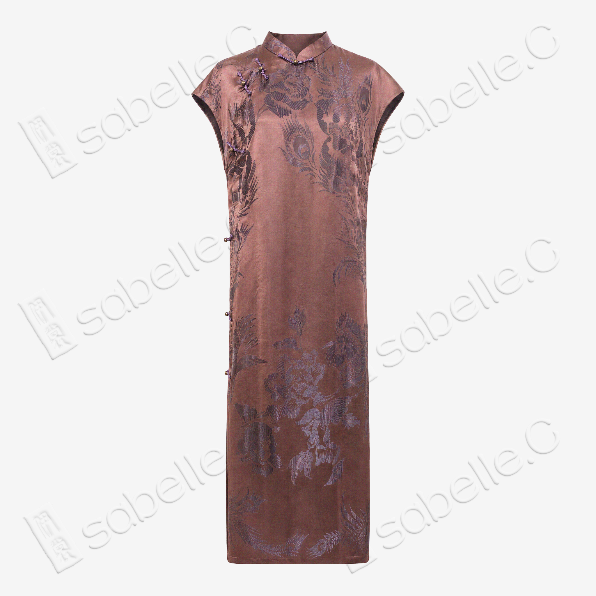 Sandalwood Glow Purple Phoenix Antique Silk Satin Qipao - 「檀霞紫鳳」古董真絲面料旗袍