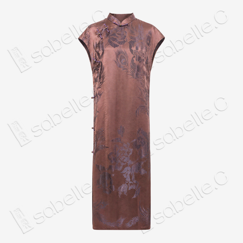 Sandalwood Glow Purple Phoenix Antique Silk Satin Qipao - 「檀霞紫鳳」古董真絲面料旗袍